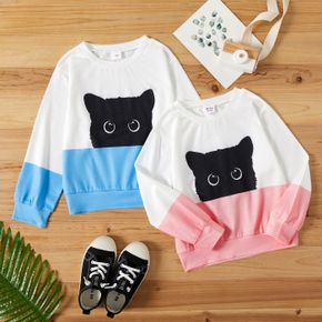 Kid Girl Animal Cat Print Colorblock Pullover Sweatshirt